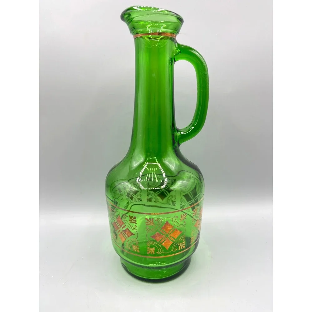 Vintage Green Glass Decanter Set 6 Shot Glasses Gold Geometric Pattern MCM EMPTY
